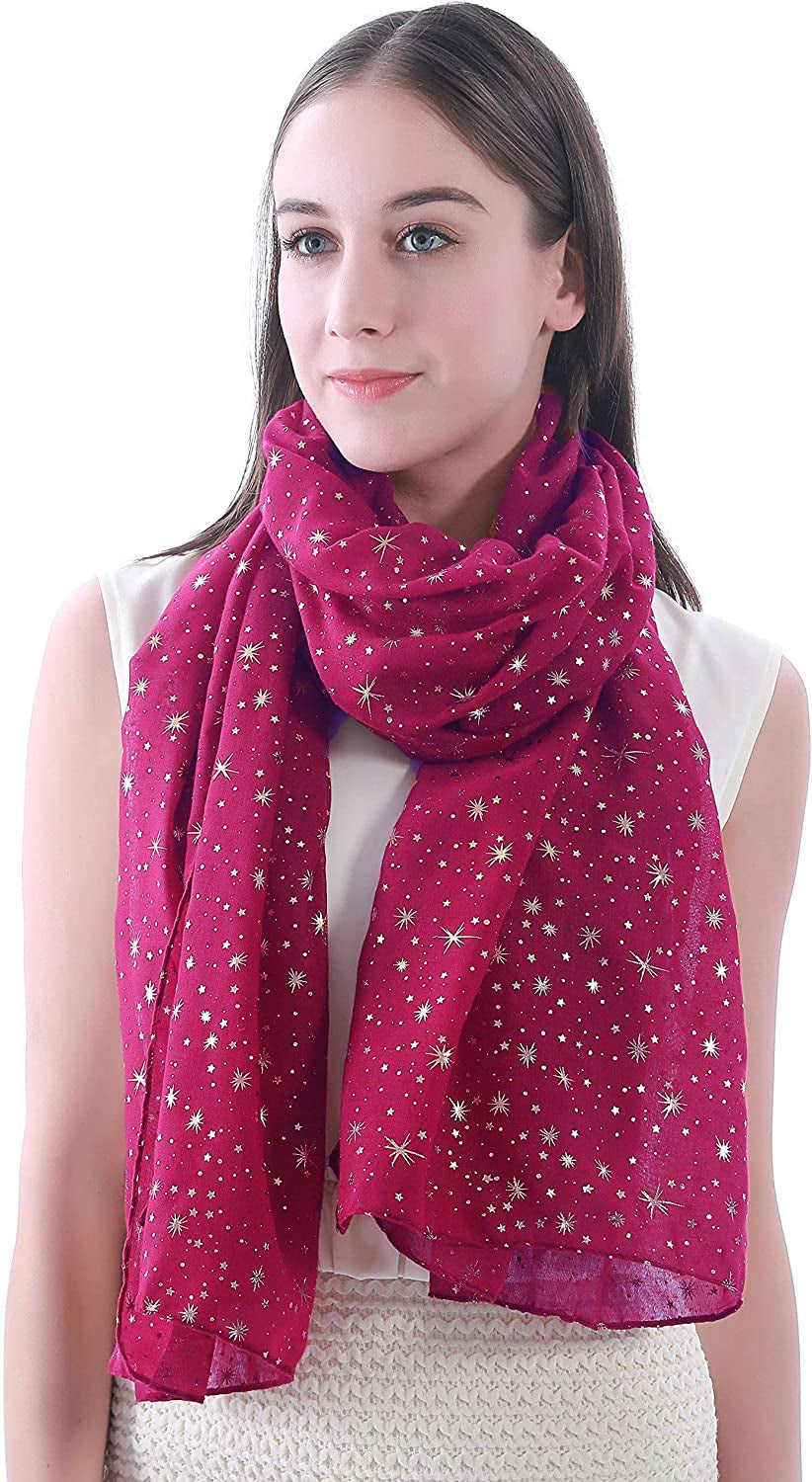 Lina & Lily Silver Gold Glitters Shimmer Foil Stars Women Scarf Shawl Wrap Apparel & Accessories > Clothing Accessories > Scarves & Shawls Lina & Lily Dark Pink (Gold Stars)  