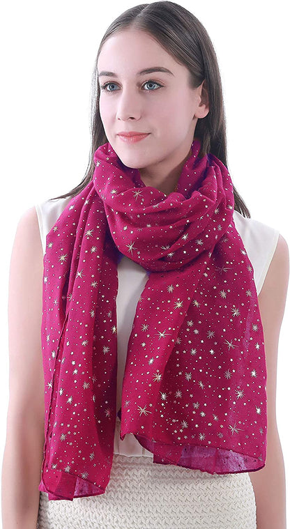 Lina & Lily Silver Gold Glitters Shimmer Foil Stars Women Scarf Shawl Wrap Apparel & Accessories > Clothing Accessories > Scarves & Shawls Lina & Lily Dark Pink (Gold Stars)  
