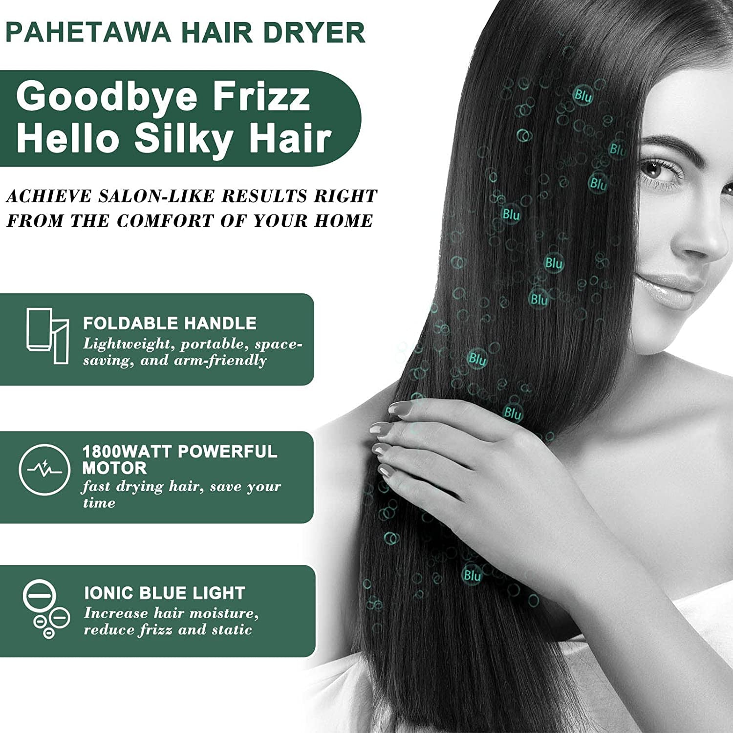 PAHETAWA Hair Dryer,1800W Travel Hair Dryer with Folding Handle, Fast Drying Compact Ionic Blow Dryer with Diffuser&Nozzle, Reduce Frizz Hair Care, Low Noise Lightweight for Home&Travel Use(Green) Health & Beauty > Personal Care > Hair Care PAHETAWA   