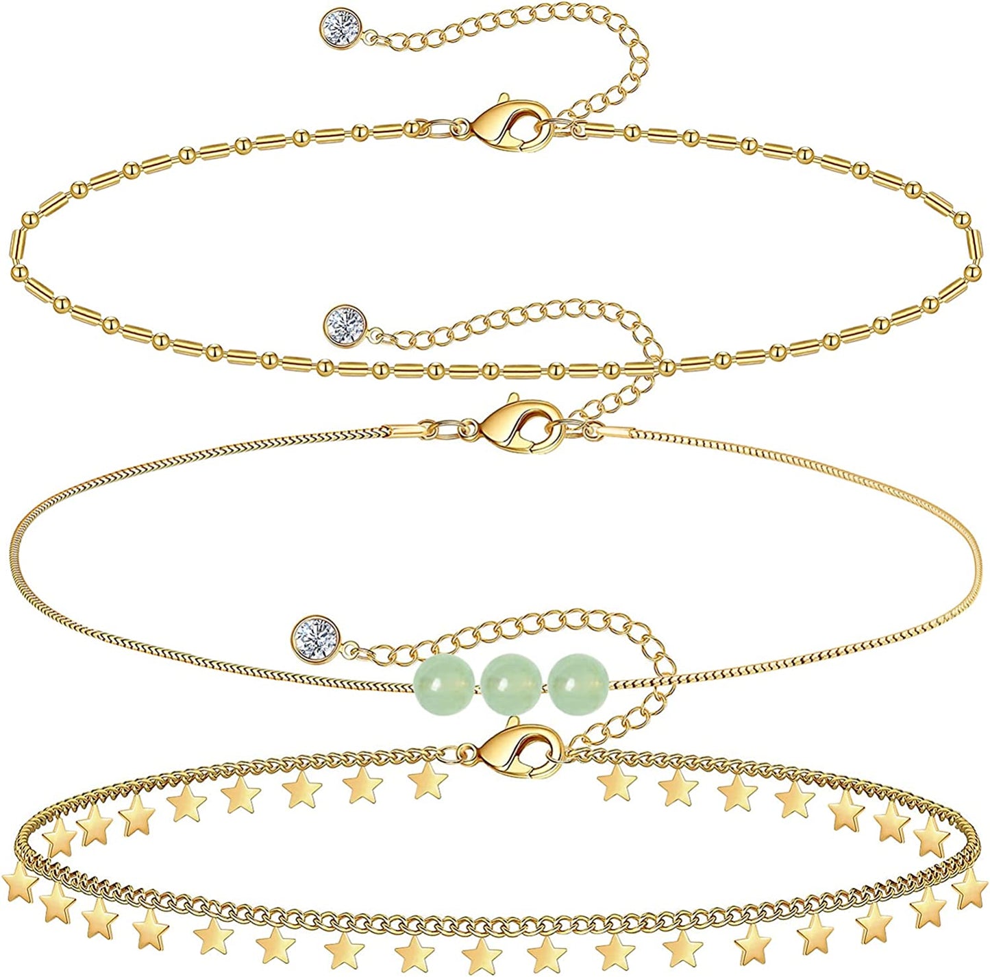 Gold Ankle Bracelets for Women 14K Gold Plated Anklet Silver Tennis Butterfly Star Coin Quartz Bead Snake Paperclip Chain Dainty Layered Anklet Set 3Pcs Jewelry Gifts for Teen Girls Apparel & Accessories > Jewelry > Anklets Vermeyen I-Yellow Gold-Star  