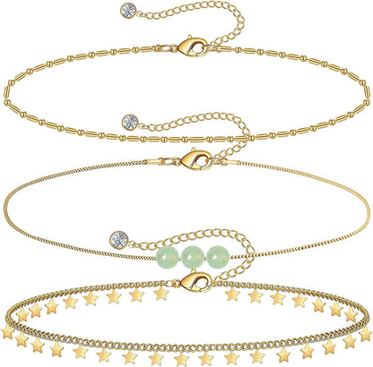 Gold Ankle Bracelets for Women 14K Gold Plated Anklet Silver Tennis Butterfly Star Coin Quartz Bead Snake Paperclip Chain Dainty Layered Anklet Set 3Pcs Jewelry Gifts for Teen Girls Apparel & Accessories > Jewelry > Anklets Vermeyen I-Yellow Gold-Star  