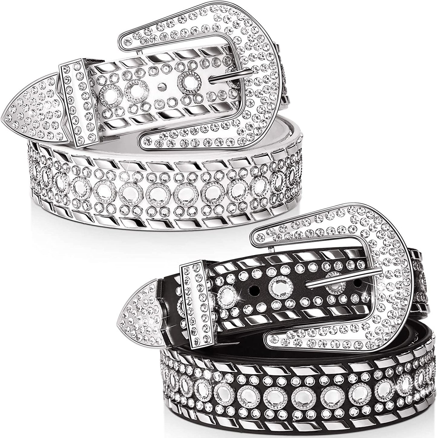 Rhinestone Belt for Women 2 Pcs Bling Studded Leather Belt Western Studded Belt Cowgirl Belt Apparel & Accessories > Clothing Accessories > Belts Geyoga Fits Waist Size 31-37 Inch  