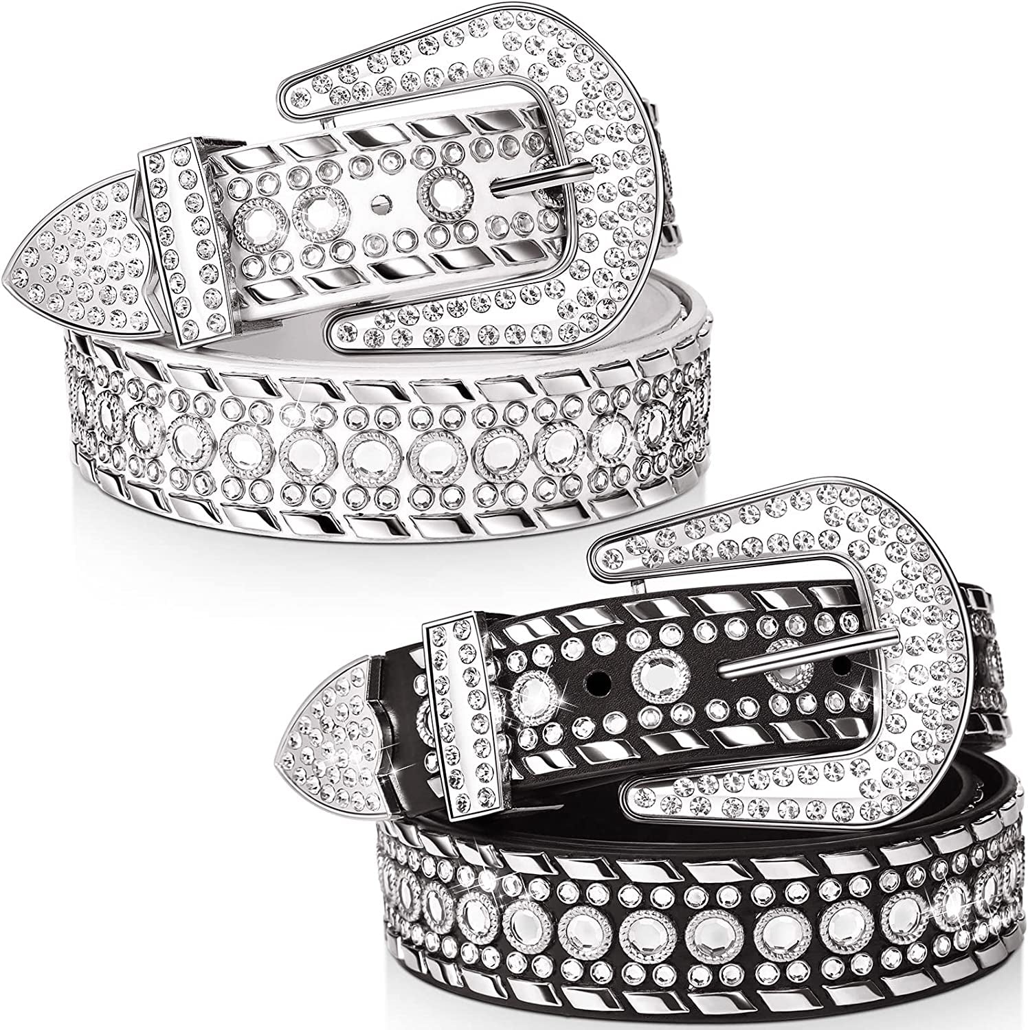 Rhinestone Belt for Women 2 Pcs Bling Studded Leather Belt Western Studded Belt Cowgirl Belt Apparel & Accessories > Clothing Accessories > Belts Geyoga Fits Waist Size 31-37 Inch  