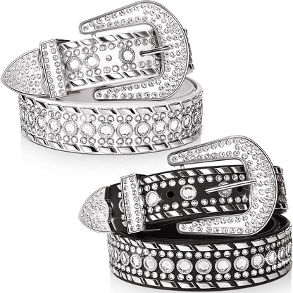 Rhinestone Belt for Women 2 Pcs Bling Studded Leather Belt Western Studded Belt Cowgirl Belt Apparel & Accessories > Clothing Accessories > Belts Geyoga Fits Waist Size 31-37 Inch  