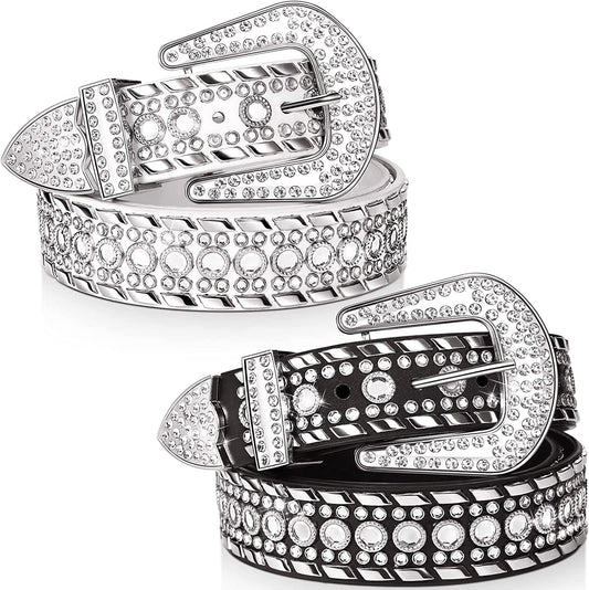 Rhinestone Belt for Women 2 Pcs Bling Studded Leather Belt Western Studded Belt Cowgirl Belt Apparel & Accessories > Clothing Accessories > Belts Geyoga Fits Waist Size 31-37 Inch  