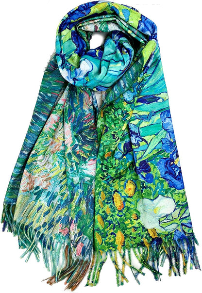 Plum Feathers Super Soft Cashmere Feel Double Sided Reversible Art Shawl Scarf Van Gogh Monet Klimt Inspired Apparel & Accessories > Clothing Accessories > Scarves & Shawls Plum Feathers Iris Field  