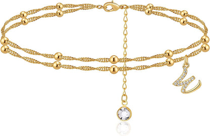 MONOOC Initial Ankle Bracelets for Women，14K Real Gold Plated Layered Beaded Chain Anklet Gold Anklets for Women CZ Initial Anklet Beach Summer Anklet Foot Jewelry Teen Girl Gifts Apparel & Accessories > Jewelry > Anklets MONOOC   