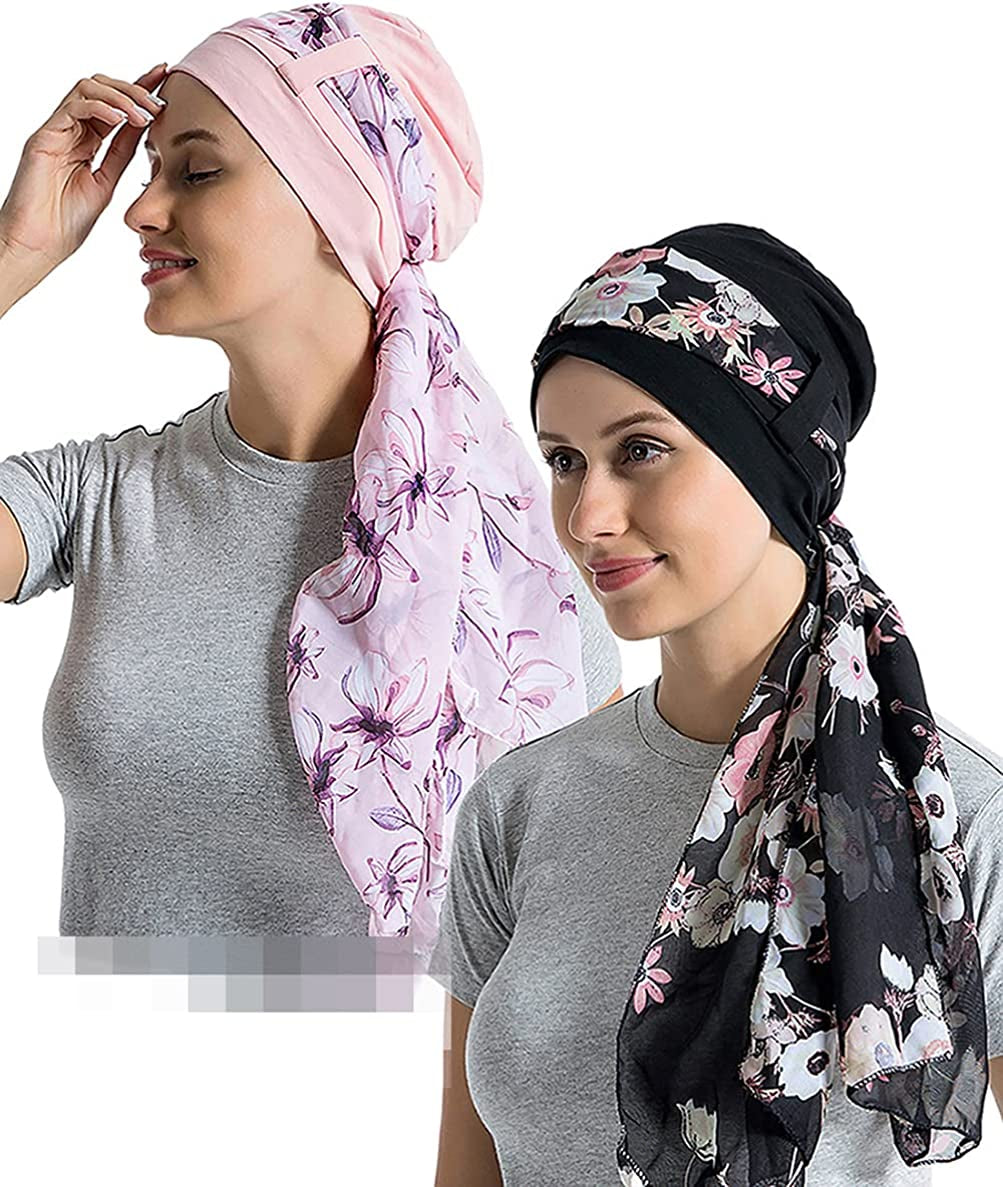 Bamboo Cotton Liner Chemo Headwear for Womenwith Silky Scarfs for Cancer Hair Loss Sleep Caps Beanie Apparel & Accessories > Clothing Accessories > Headwear JarseHera Black+pink,new One Size 