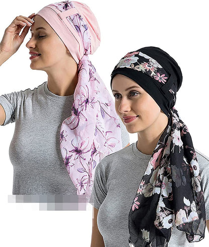Bamboo Cotton Liner Chemo Headwear for Womenwith Silky Scarfs for Cancer Hair Loss Sleep Caps Beanie Apparel & Accessories > Clothing Accessories > Headwear JarseHera Black+pink,new One Size 