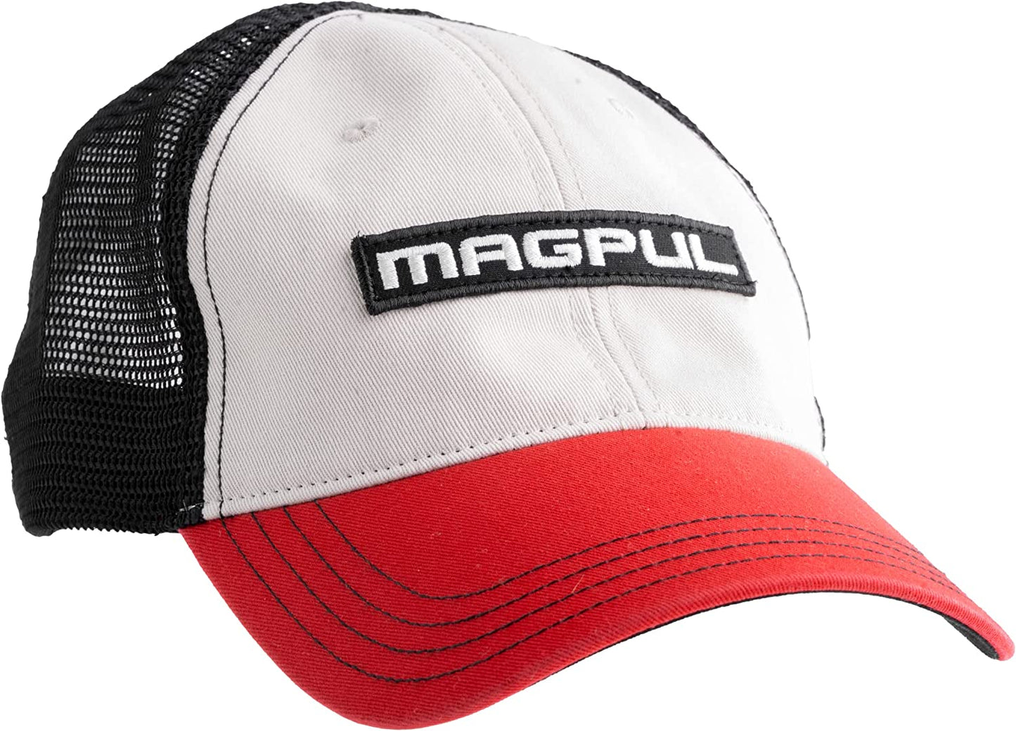 Magpul Trucker Hat Snap Back Baseball Cap, One Size Fits Most Apparel & Accessories > Clothing Accessories > Hats Magpul Wordmark Garment Washed Stone/Black/Red One Size 