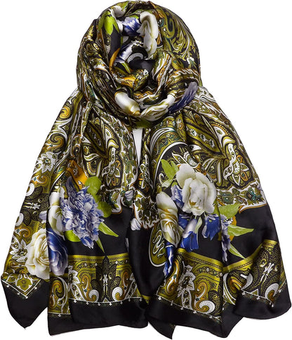 Silk Scarf for Women Fashion Long Satin Lightweight Large Shawl Wrap Printed Sleep 70''X35'' Apparel & Accessories > Clothing Accessories > Scarves & Shawls Wealish 04-black  