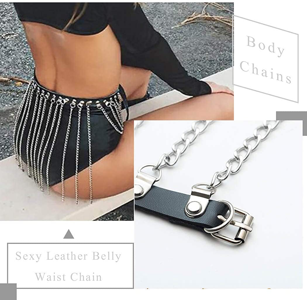 Ludress Punk Leather Waist Chain Tassel Dance Skirt Black Belt Belly Chain Hip Body Chain Rave Body Jewelry for Women and Girls Apparel & Accessories > Jewelry > Body Jewelry LUDRESS   
