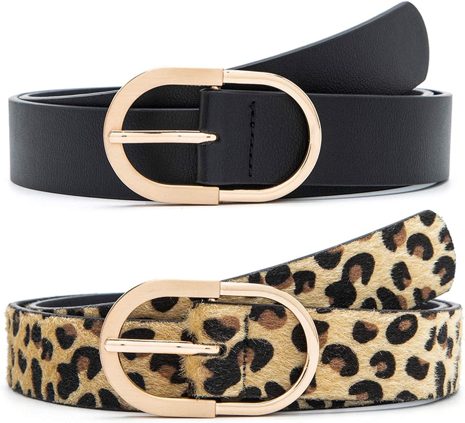 MORELESS 2 Pack Women'S Leather Belts for Jeans Pants with Fashion Center Bar Buckle Apparel & Accessories > Clothing Accessories > Belts MORELESS Golden Buckle(black+leopard) X-Small: fits waist from 23"-25" 