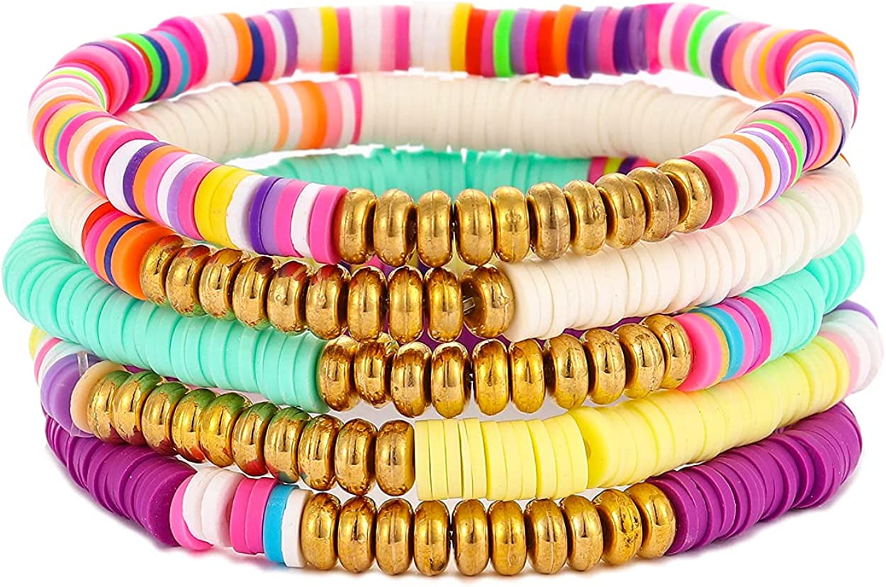 Colorful Beaded Bracelet for Women Heishi Bracelet Set Assorted Gold Bead Stackable Stretch Strand Bracelet Apparel & Accessories > Jewelry > Bracelets WETMT Colorful rainbow  