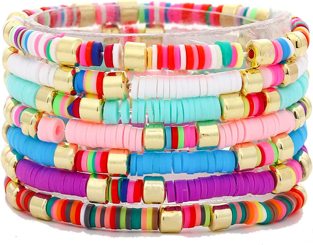Colorful Beaded Bracelet for Women Heishi Bracelet Set Assorted Gold Bead Stackable Stretch Strand Bracelet Apparel & Accessories > Jewelry > Bracelets WETMT Colorful 7pc  