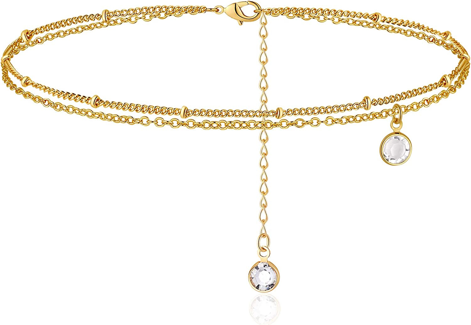 Turandoss Dainty Ankle Bracelets for Women, 14K Gold Filled Handmade Layered Anklet Cute Butterfly Evil Eye Elephant Star Summer Ankle Bracelets for Women Boho Beach Foot Chain Apparel & Accessories > Jewelry > Anklets Turandoss 2 Layered Diamond  