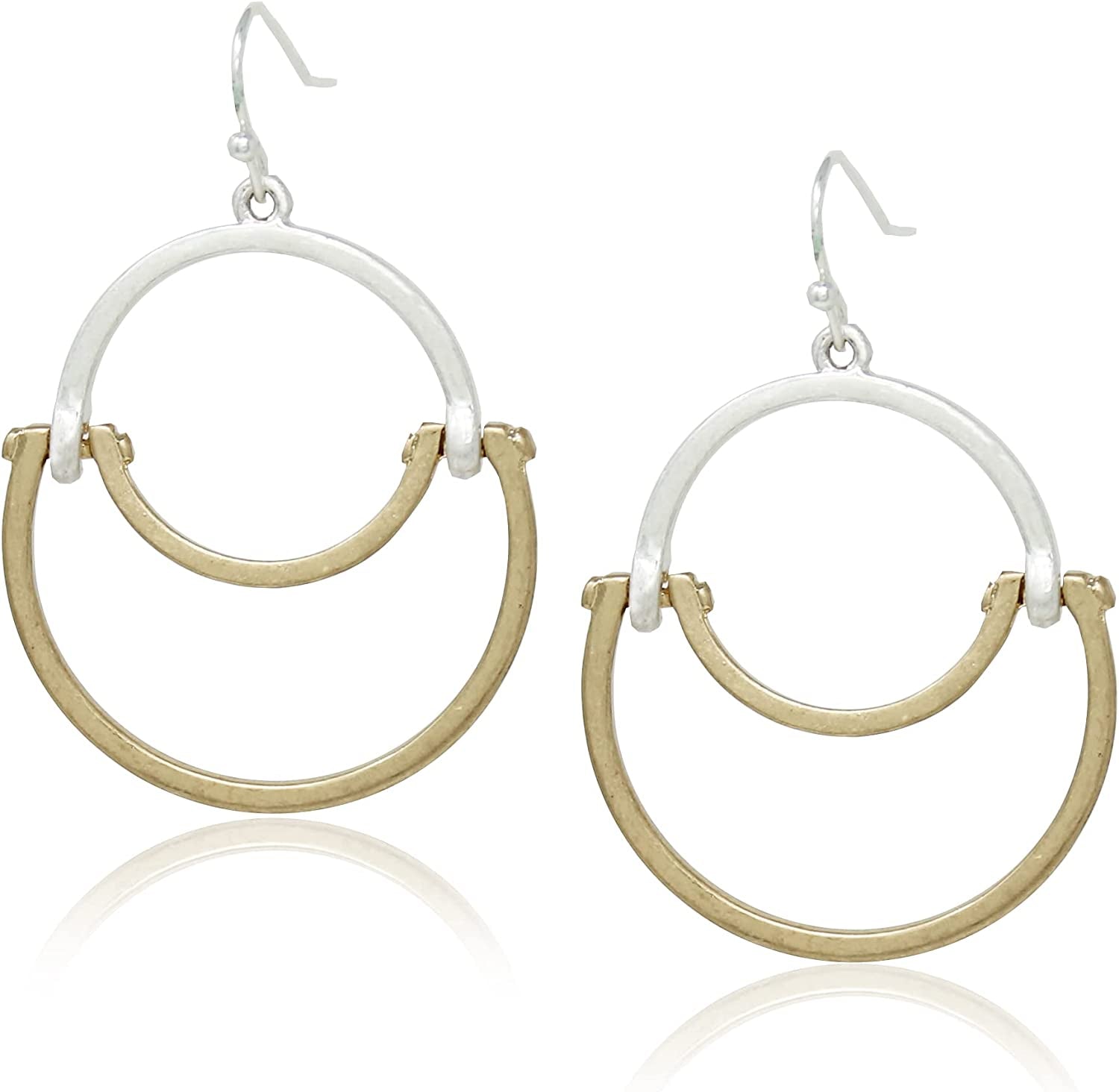 POMINA Lightweight Geometric Gold Silver Two Tone Hammered Dangle Drop Earrings Linked Circle Rectangle Oval Trendy Fashion Dangling Earrings for Women Apparel & Accessories > Jewelry > Earrings POMINA Circle-Moon_Two Tone  