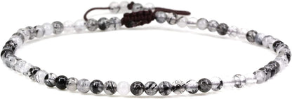 Keleny Natural Gemstone 4Mm round Bead Charm Stretch Anklet for Women Brown Rope Adjustable 8.6-11 Inch Apparel & Accessories > Jewelry > Anklets Kelenystones Black Rutilated Quartz  