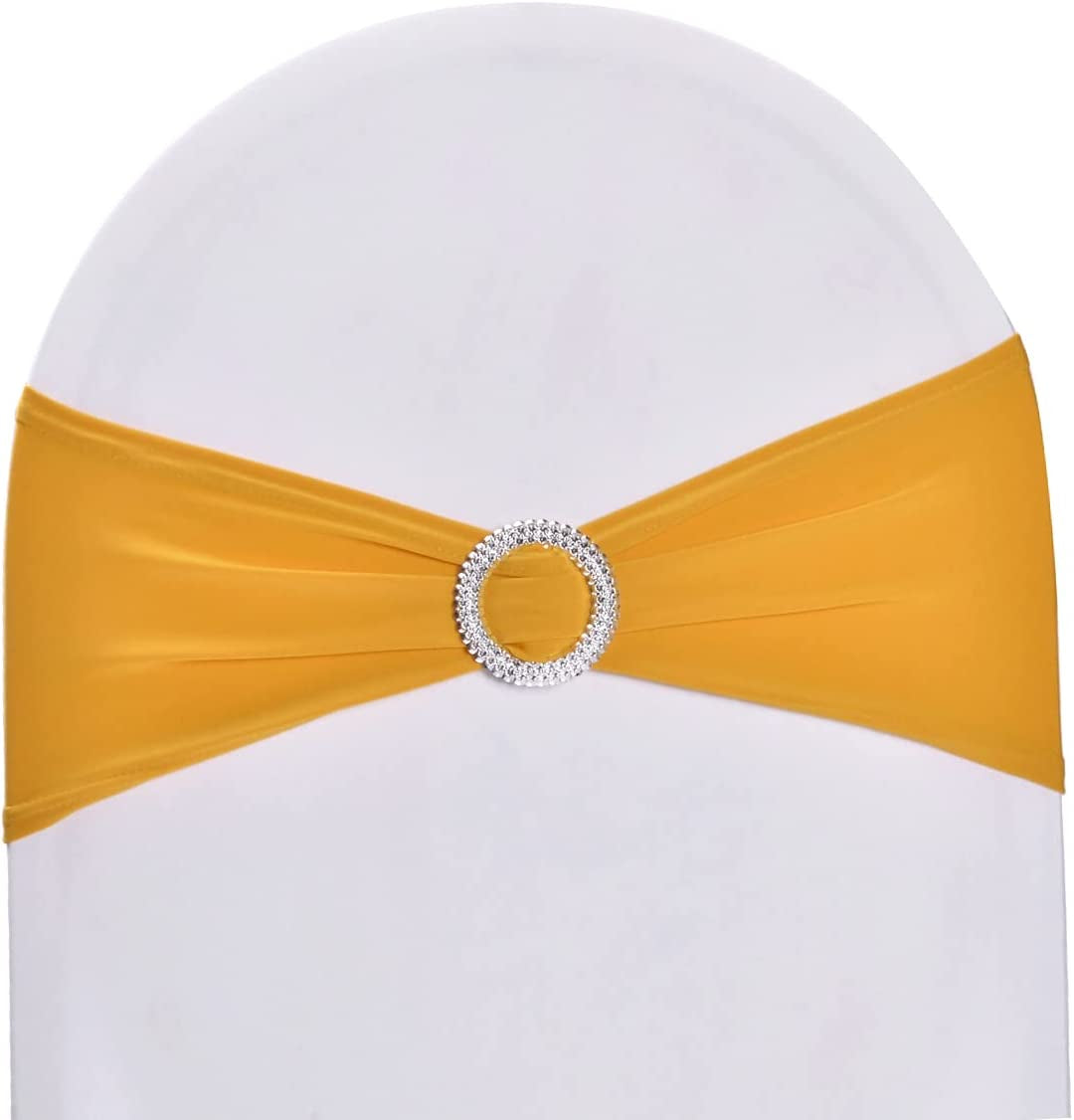 Sweeteasy 50Pcs Metallic Silver Spandex Chair Sashes, Durable Workmanship,Stretch Bows with Buckle Stretchable for Christmas Wedding Party Banquet Event Baby Shower Birthday Celebration Decoration Apparel & Accessories > Clothing Accessories > Sashes SweetEasy Gold 50PCS 