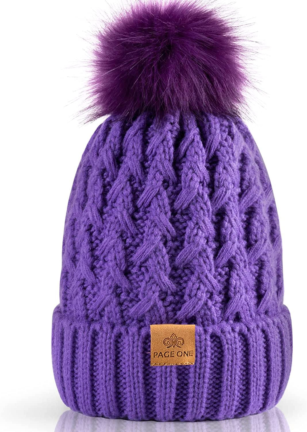 PAGE ONE Womens Winter Ribbed Beanie Crossed Cap Chunky Cable Knit Pompom Soft Warm Hat Apparel & Accessories > Clothing Accessories > Hats PAGE ONE Light Purple  