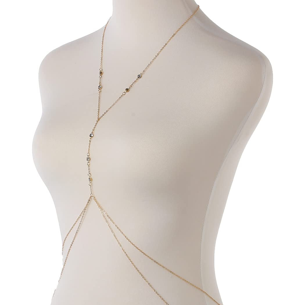 Bounzhi Gold Sexy Body Chain Crossover Thin Bra Bikini Rhinestone Crystal Waist Belly Body Chains Beach Body Necklace Jewelry for Women, Free Size (B-100) Apparel & Accessories > Jewelry > Body Jewelry Bounzhi   