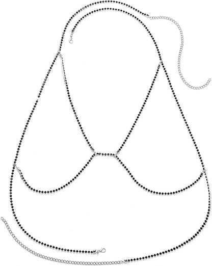 Woeoe Rhinestone Chain Bra Crystal Body Chains for Women Necklace Sexy Bikini Nightclub Body Chain Jewelry Apparel & Accessories > Jewelry > Body Jewelry Woeoe black  