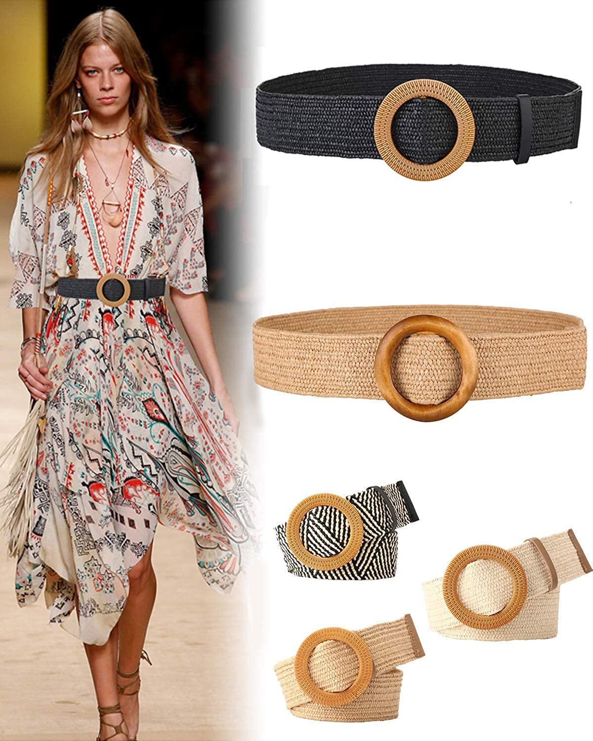 Women Woven Rattan Wide Stretch Straw Belt Apparel & Accessories > Clothing Accessories > Belts SeptCity   