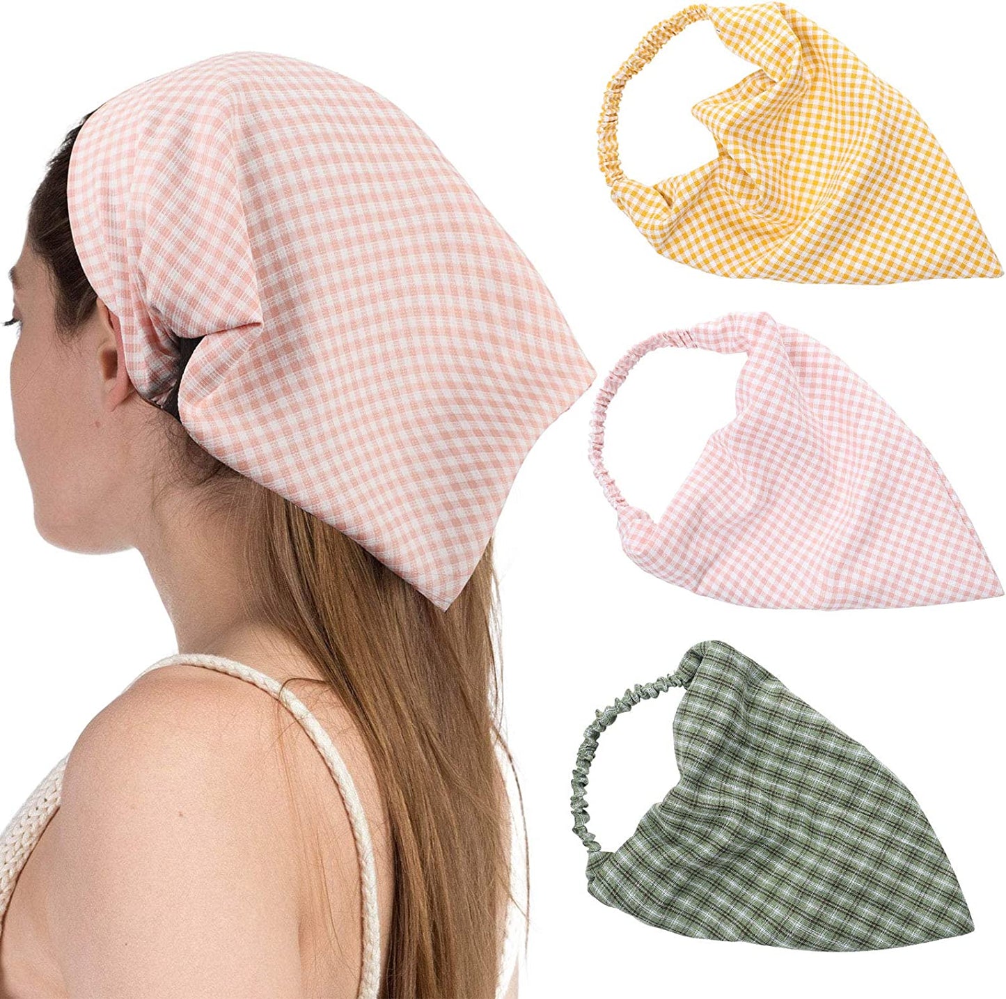 Floral Elastic Hair Scarf Headband - 3 PCS Chiffon Head Kerchief Headband Floral Hair Scarves with Hair Clips Hair Bandanas Apparel & Accessories > Clothing Accessories > Bandanas & Headties AWAYTR Plaid(green/Yellow/Pink)  