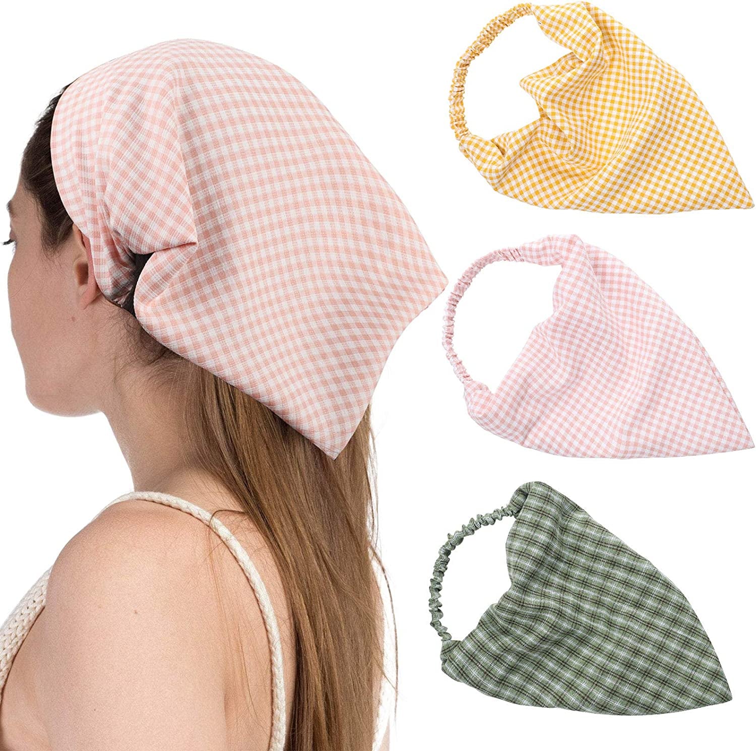 Floral Elastic Hair Scarf Headband - 3 PCS Chiffon Head Kerchief Headband Floral Hair Scarves with Hair Clips Hair Bandanas Apparel & Accessories > Clothing Accessories > Bandanas & Headties AWAYTR Plaid(green/Yellow/Pink)  