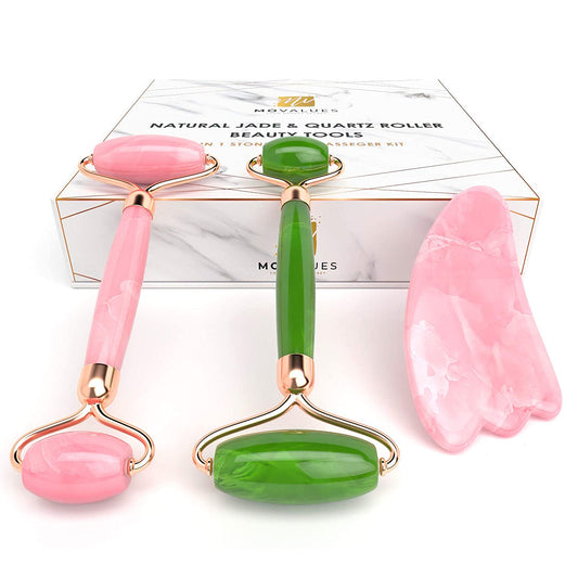 Authentic Jade Roller for Face, Rose Quartz Roller and Gua Sha Facial Tool Set - Face Roller: 100% Natural Jade, Face Massager/Facial Roller for Skin, Eyes, Neck - Authentic, Durable, Noiseless Design Health & Beauty > Personal Care > Cosmetics > Cosmetic Tools > Skin Care Tools MoValues   