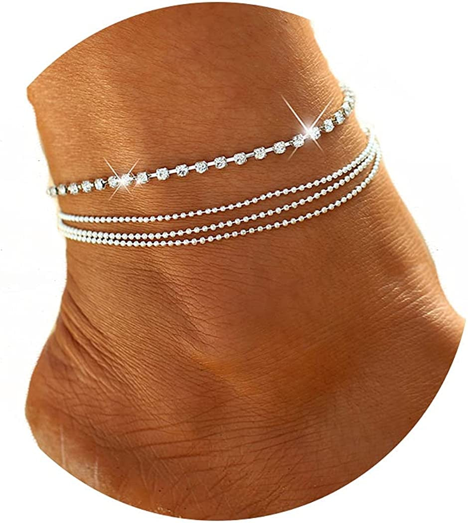 Jeweky Boho Layered Crystal Anklets Silver Rhinestone Ankle Bracelets Chain Beach Foot Jewelry for Women and Girls Apparel & Accessories > Jewelry > Anklets Jeweky A-Silver  