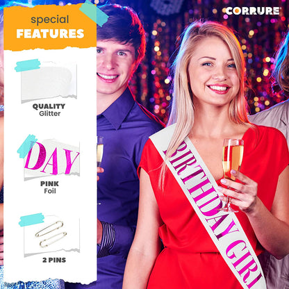 CORRURE 'Birthday Girl' Sash Glitter with Pink Foil - White Glitter Happy Birthday Sash for Women - Party Favors Supplies and Decorations for Sweet 16, 18Th 21St 30Th 40Th or Any Bday Party Apparel & Accessories > Clothing Accessories > Sashes CORRURE   