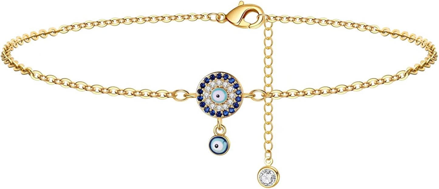 Dainty Ankle Bracelets for Women Girls, 14K Gold Filled Handmade Anklet Tiny Lock Key Star Lightning Crescent Elephant Evil Eye Ankle Bracelets for Women Girls Summer Boho Beach Foot Jewelry Apparel & Accessories > Jewelry > Anklets Yoosteel Double Evil Eyes  
