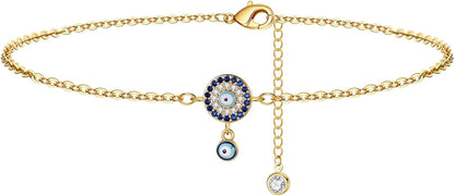 Dainty Ankle Bracelets for Women Girls, 14K Gold Filled Handmade Anklet Tiny Lock Key Star Lightning Crescent Elephant Evil Eye Ankle Bracelets for Women Girls Summer Boho Beach Foot Jewelry Apparel & Accessories > Jewelry > Anklets Yoosteel Double Evil Eyes  