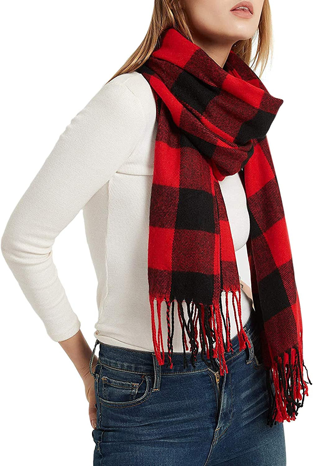 Plaid Blanket Scarf Winter Fall Scarfs for Women, Warm Soft Chunky Oversized Tartan Shawls Wraps Scarves Apparel & Accessories > Clothing Accessories > Scarves & Shawls Chalier B-red  