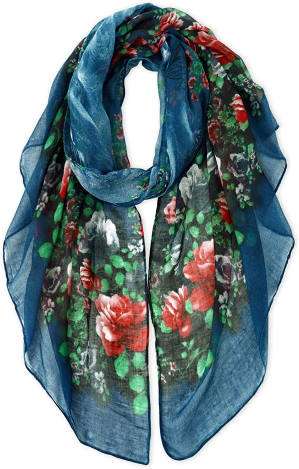 GERINLY Lightweight Scarves Fashion Flowers Print Women Cotton Wrap Scarf Head Shawl for Fall Apparel & Accessories > Clothing Accessories > Scarves & Shawls GERINLY Blue  