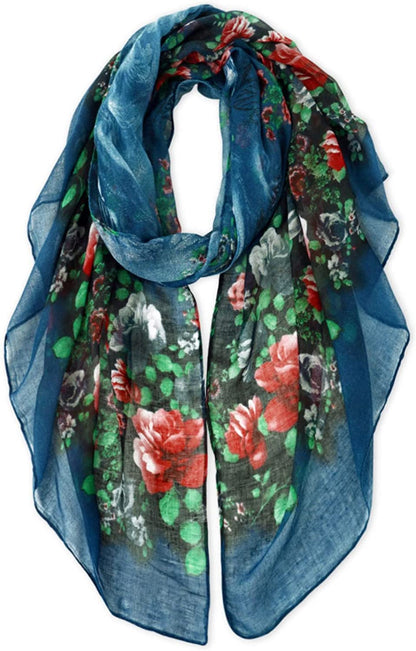 GERINLY Lightweight Scarves Fashion Flowers Print Women Cotton Wrap Scarf Head Shawl for Fall Apparel & Accessories > Clothing Accessories > Scarves & Shawls GERINLY Blue  