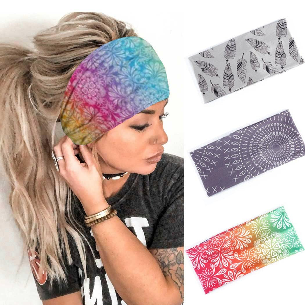 Earent Boho African Headbands Yoga Wide Knot Hair Bands Sweat Printed Headwraps Elastic Turban Headscarfs Multicolor Headwear Outdoor Hair Accessories for Women and Girls (Z-Black) Apparel & Accessories > Clothing Accessories > Headwear Earent Boho  