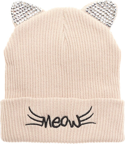 MIRMARU Women’S Soft Warm Embroidered Meow Cat Ears Knit Beanie Hat with Stone Embellished Apparel & Accessories > Clothing Accessories > Hats MIRMARU Beige One Size 