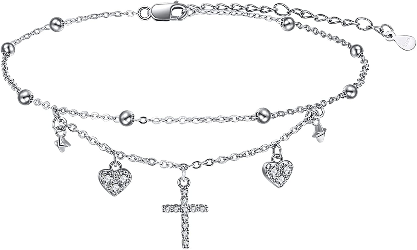 Evil Eye/Hamsa/Moon Star/Sunflower/Cross/Sea Turtle Ankle Bracelet 925 Sterling Silver Adjustable Anklets Jewelry Gifts for Women Apparel & Accessories > Jewelry > Anklets MONGAS Cross  