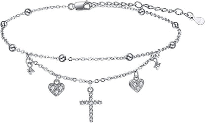 Evil Eye/Hamsa/Moon Star/Sunflower/Cross/Sea Turtle Ankle Bracelet 925 Sterling Silver Adjustable Anklets Jewelry Gifts for Women Apparel & Accessories > Jewelry > Anklets MONGAS Cross  