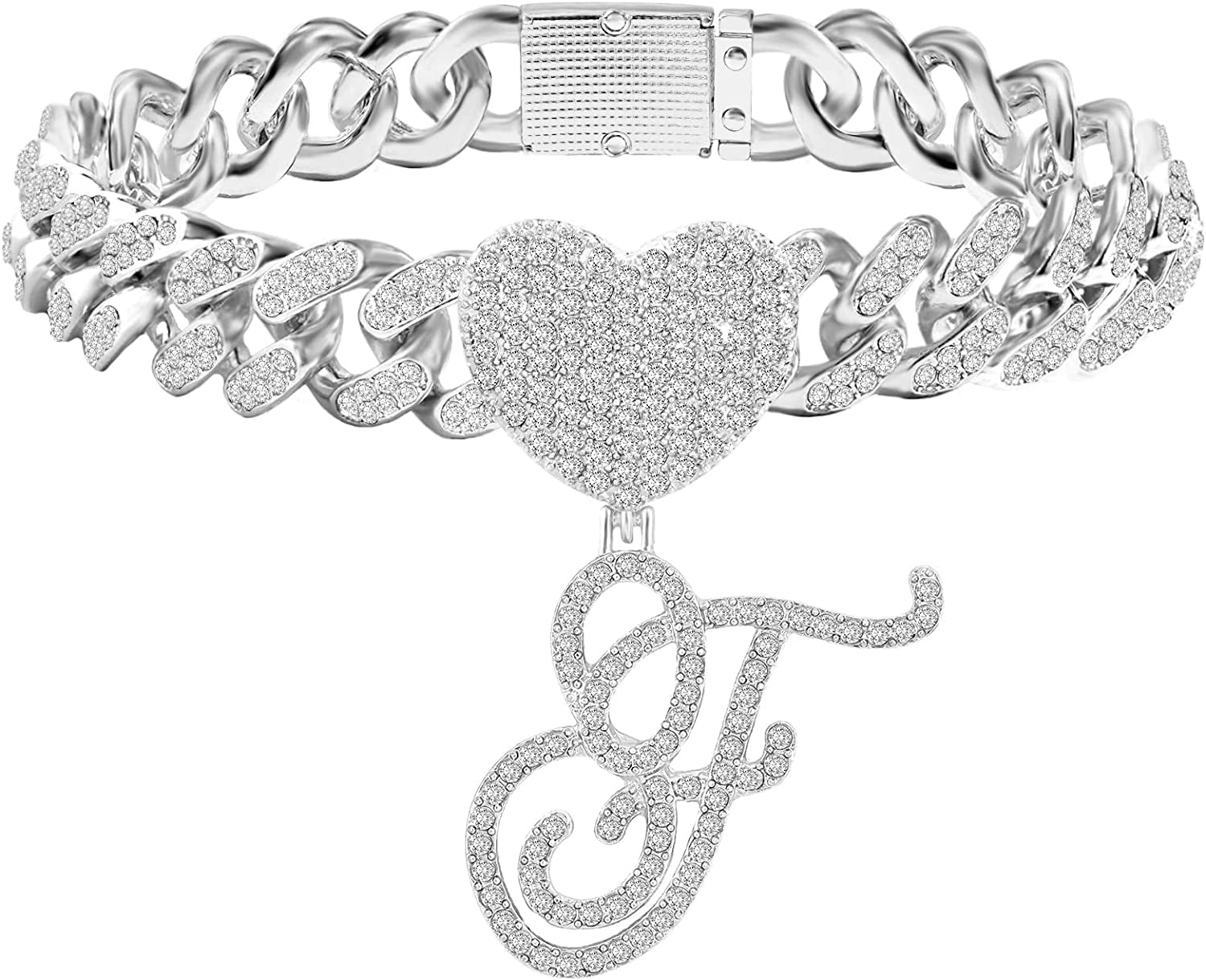 KKJTDS 13Mm Silver Cuban Link Anklets for Women Cursive Pendant Miami Cuban Link Chain Ankle Bracelets for Women Hip Hop Iced Out Letter Chain Anklet Apparel & Accessories > Jewelry > Anklets KKJTDS F  