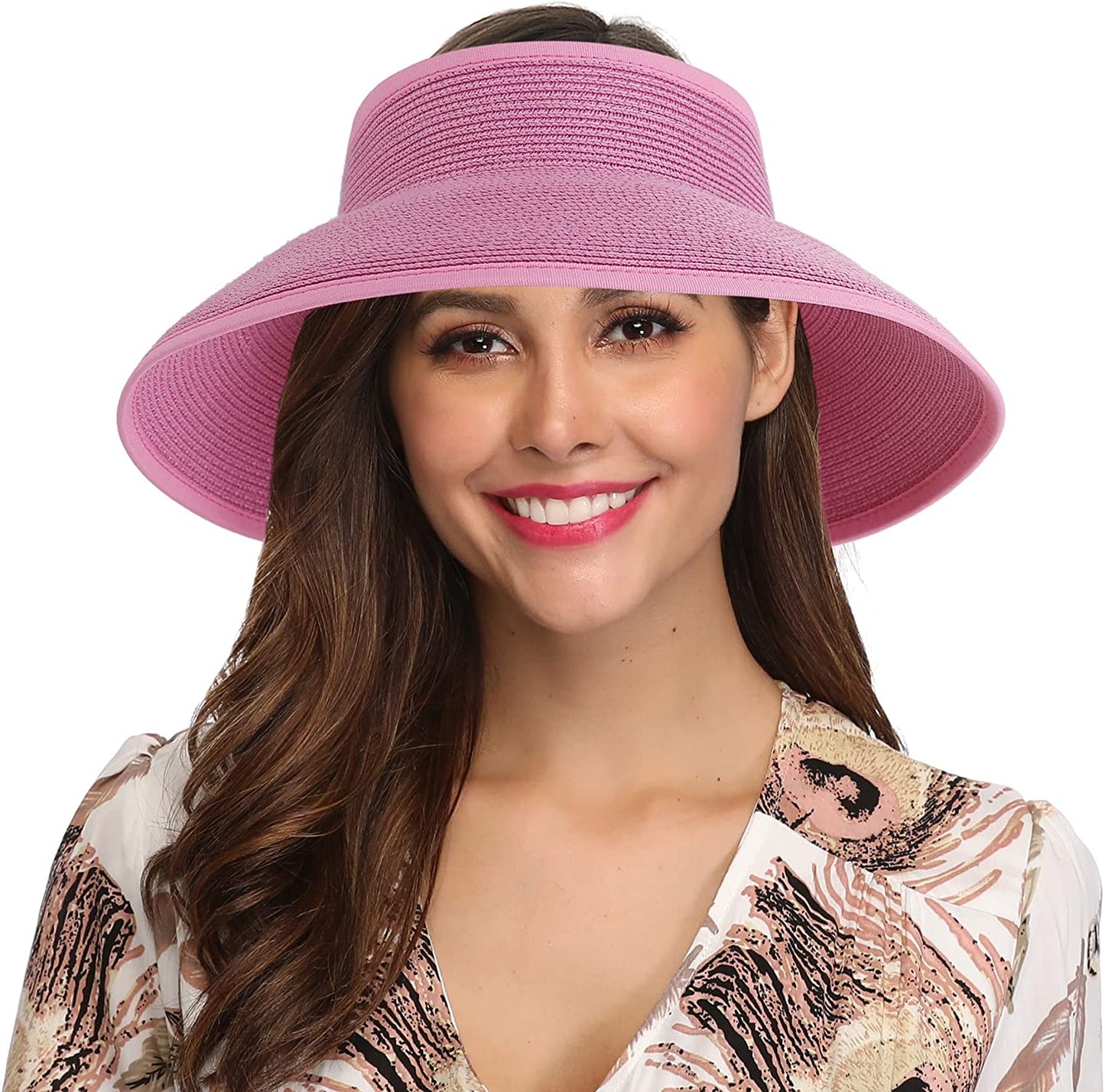 Lanzom Women Packable Hat Sun Visor Hats Wide Brim Straw Roll up Ponytail Summer Beach Hat UPF 50 Apparel & Accessories > Clothing Accessories > Hats Lanzom Rose One Size 