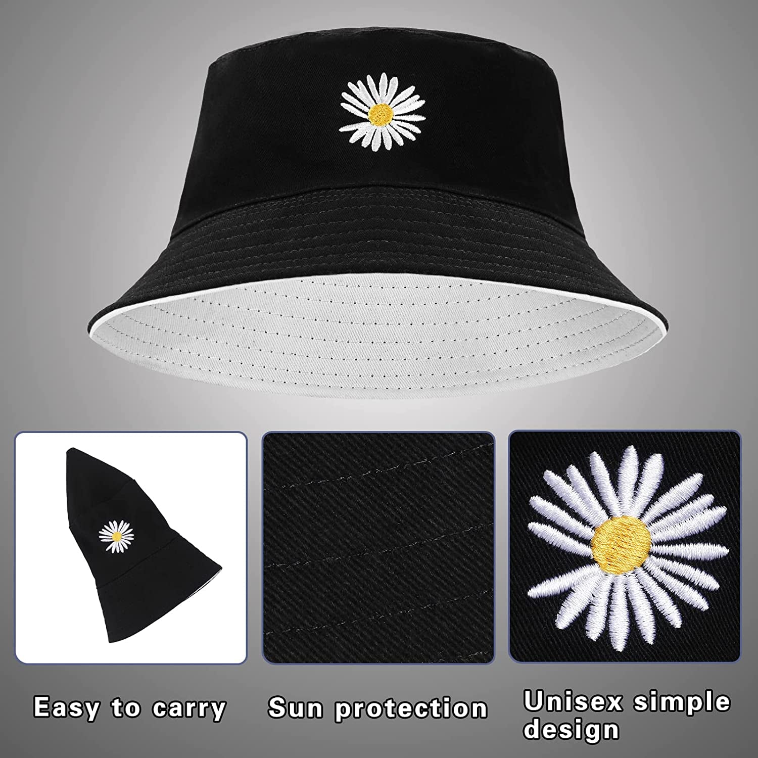 Bucket Hat - Unisex Black Bucket Hat for Women, Travel Beach Fisherman Summer Cap, Sun Protection Windproof Beach Bucket Hats for Men Teens Kids, Flower Embroidery Apparel & Accessories > Clothing Accessories > Hats clubone   