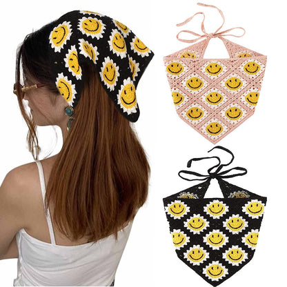 Crochet Bandana Head Kerchief Hair Scarf 2Pcs Knitted Hair Scarves Crochet Hair Kerchief Tie Bcak Headwrap Floral Hair Bandanas for Women Girls Scarf (Daisy(Purple+Green)) Apparel & Accessories > Clothing Accessories > Bandanas & Headties AWAYTR Smile (Black+pink)  