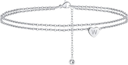 Turandoss Silver Heart Initial Ankle Bracelets for Women, 14K White Gold Filled Handmade Dainty Layered Silver Anklet Letter Initial Heart Ankle Bracelets for Women Silver Summer Foot Beach Jewelry Apparel & Accessories > Jewelry > Anklets Turandoss W  