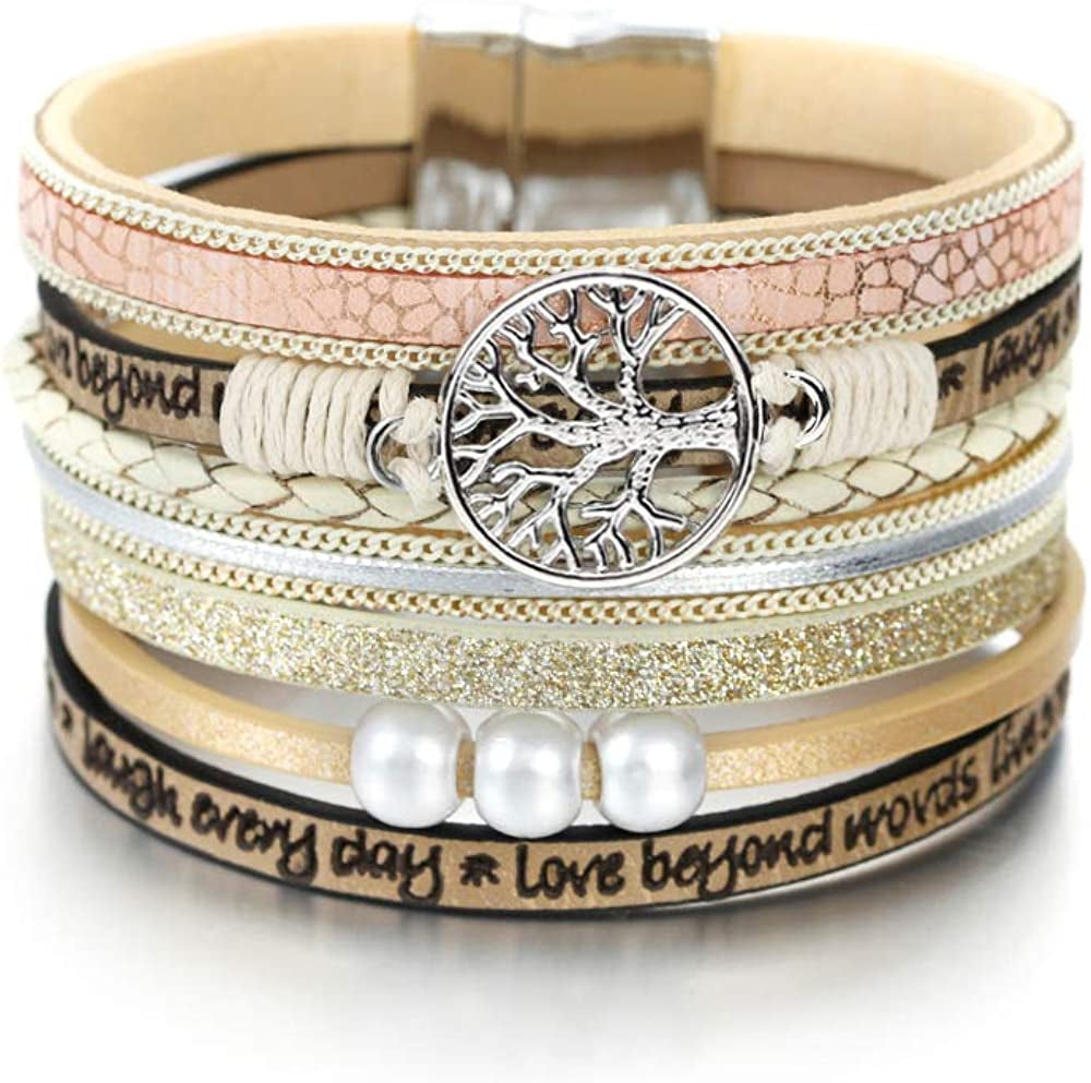 Fesciory Leopard Bracelet for Women Wrap Multi-Layer Leather Bracelet Magnetic Clasp Cuff Bangle Jewelry Apparel & Accessories > Jewelry > Bracelets Fesciory A9-Tree of Life(Beige)  