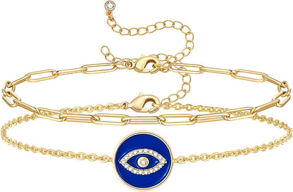 Kissyan Gold Layered Ankle Bracelets for Women, Dainty 14K Gold Plated Layering Anklets Set Adjustable Fashion Cuban Link Snake Tennis Chain Ankles Summer Beach Foot Jewelry Gifts for Women Girls Apparel & Accessories > Jewelry > Anklets KissYan Q-Blue Evil Eye  