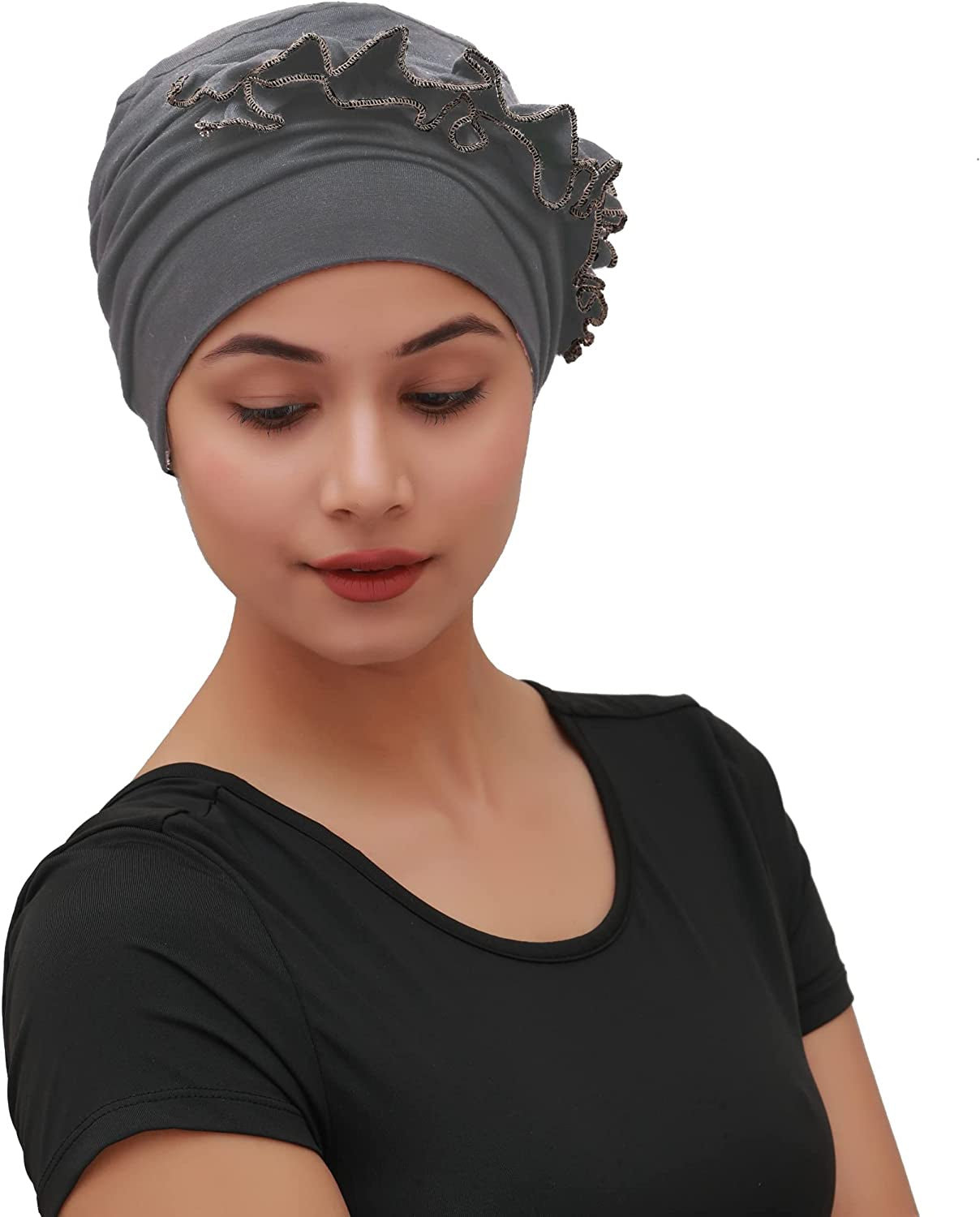 SAKUCHI Women Chemo 2 Piece Ruffle Cap & Band for Cancer Hair Loss Women Silky Soft Bamboo Headwear (2 Piece) Apparel & Accessories > Clothing Accessories > Headwear SAKUCHI Grey  