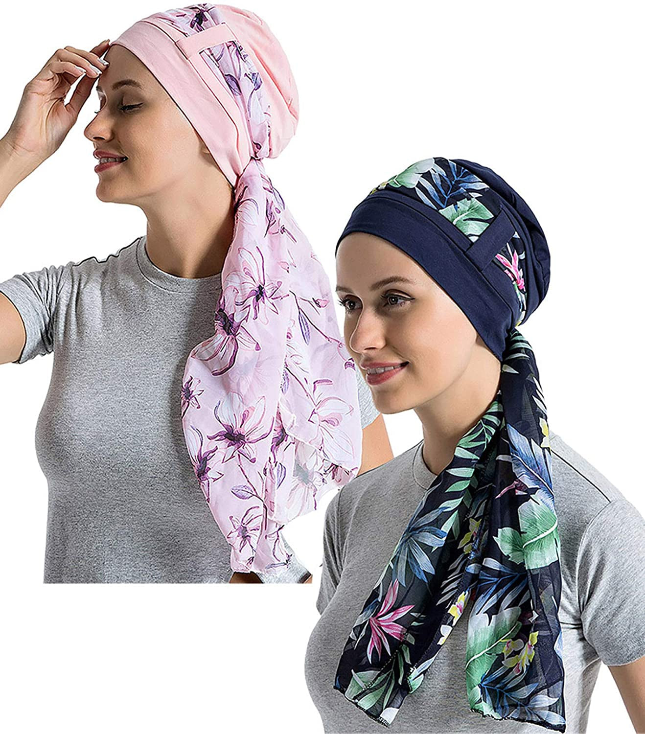 Bamboo Cotton Liner Chemo Headwear for Womenwith Silky Scarfs for Cancer Hair Loss Sleep Caps Beanie Apparel & Accessories > Clothing Accessories > Headwear JarseHera Navy Blue+light Pink,2 Pair One Size 